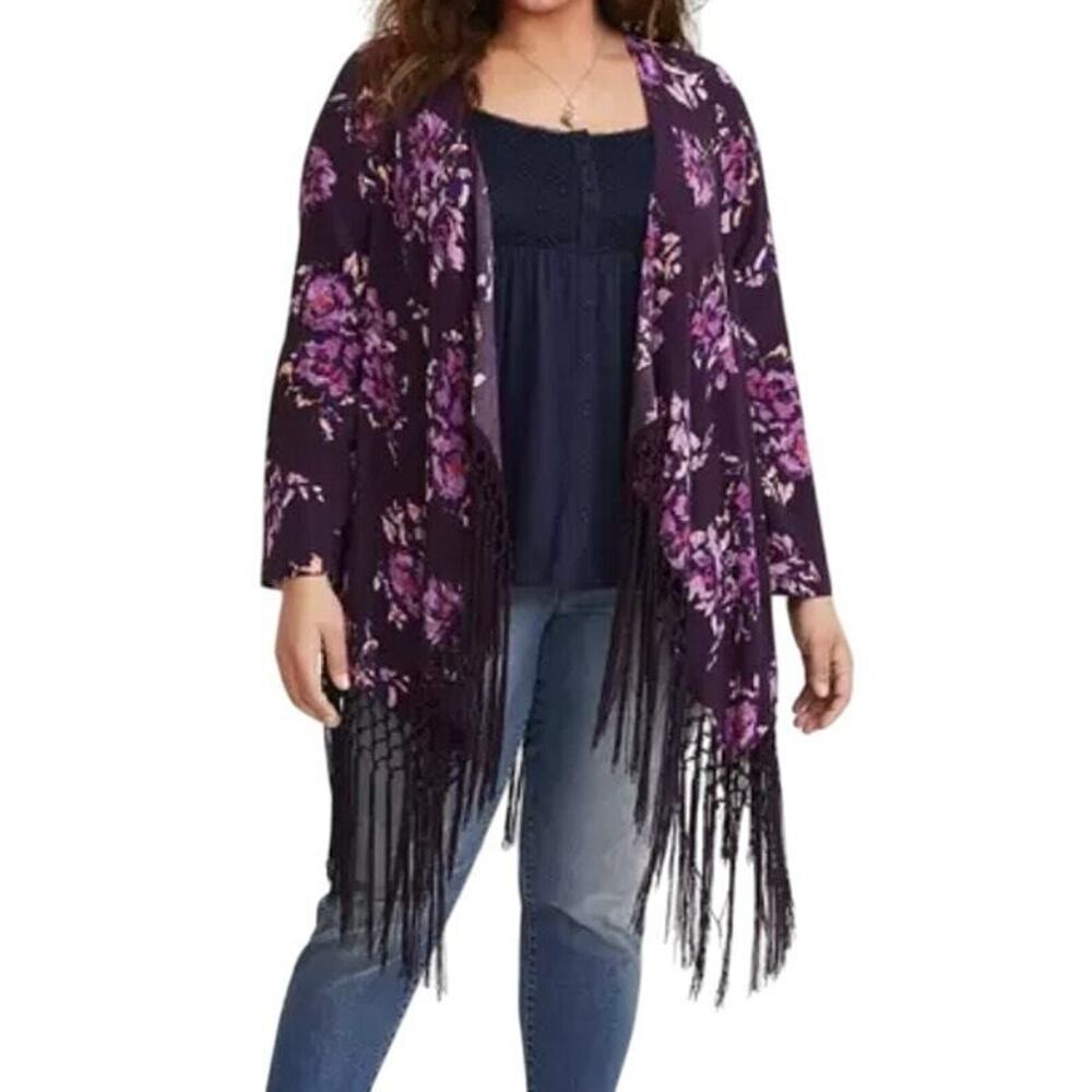 Torrid Cardigan Women 3 3X Open Front Fringe Floral Purple Boho Western Hippie